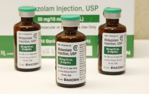 Bottles of the sedative midazolam at a hospital pharmacy in Oklahoma City on July 25, 2014. (AP Photo)
